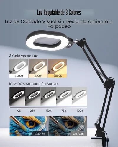Vista 5 de Lámpara de escritorio de aumento ONLYWIN, lupa cuadrada 10X con luz y soporte, lámpara de aumento LED regulable con pinza y base, luz de brazo