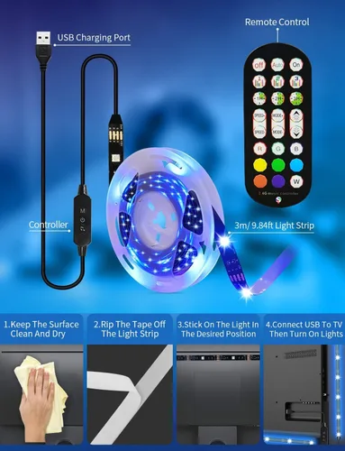 Vista 4 de Daymeet - Luces LED para TV, retroiluminación LED de 13.1 pies para TV de 40-65 pulgadas, tira de luz LED USB RGB, luces con cambio