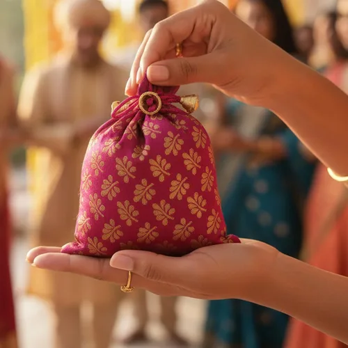 Vista 5 de Touchstone Hermosas bolsas de regalo reutilizables, respetuosas con el medio ambiente, con cordón grande, patrón de hojas de mimosa, brocado
