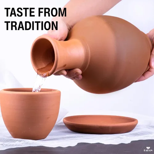 Vista 12 de Jarras de barro de terracota con taza y plato, juego de jarras de agua de tierra, tarro de cerámica para agua potable, 76 onzas