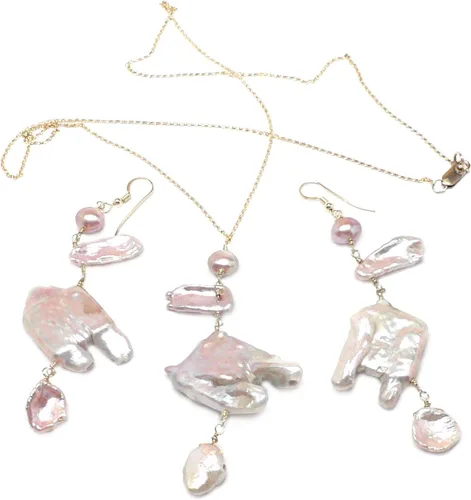 Vista 6 de Collar de cadena de flamenco abstracto de perlas de agua dulce cultivadas en malva grande de plata esterlina con relleno de oro