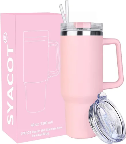 Vista 16 de SYACOT Vaso de 40 onzas con asa y pajita, vaso aislado de acero inoxidable, tapa a prueba de fugas y tapa con pajilla, taza de café de viaje