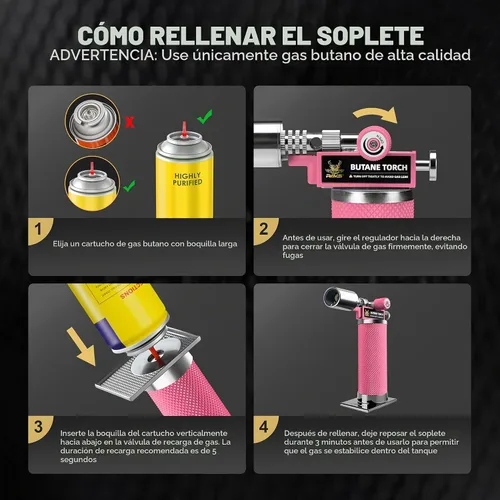 Vista 7 de RAVS Antorcha de Butano, Encendedor Antorcha de Metal Rosa con Llama Ajustable, Antorcha de Alimentos para Hornear, BBQ, Postres, Rellenos