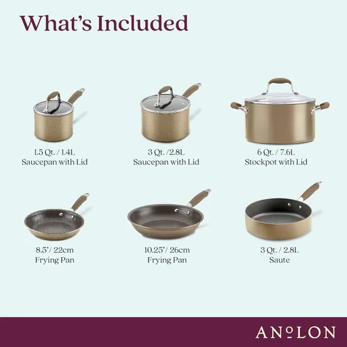 Vista 2 de Anolon Advanced Home - Juego de ollas y sartenes antiadherentes anodizados duros, 9 piezas, color bronce Fácil liberación de alimentos