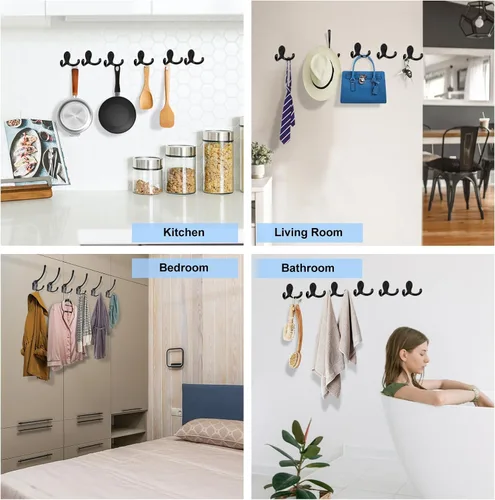 Vista 6 de Kruodop Paquete de 10 Ganchos de Pared Montados en Pared Ganchos para Abrigos para Colgar Resistentes, Ganchos Negros para Toallas, Colgador