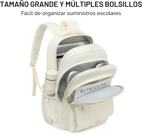 Vista 4 de Phaoullzon Mochila escolar para niñas adolescentes para niños, mochila estética universitaria para laptop para mujeres, Beige, Grande