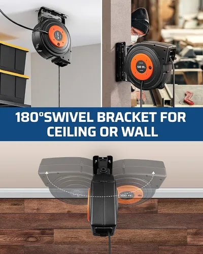 Vista 8 de DEWENWILS Carrete de cable de extensión retráctil de 50 pies con 6 tomas con conexión a tierra, cable de alimentación SJTOW resistente 14/3C