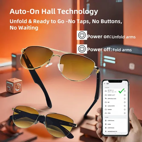 Vista 5 de HJX GT-32 - Lentes de sol inteligentes para hombres/mujeres con interruptor de encendido/apagado automático y Bluetooth 5.4, lentes polarizados