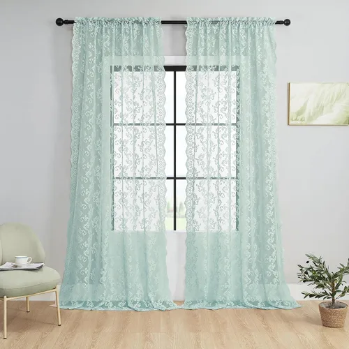 Vista 30 de Cortinas de encaje floral victoriano transparentes - 45 pulgadas de largo, 2 paneles, bolsillo para barra de cocina estilo cafetería, filtro de luz