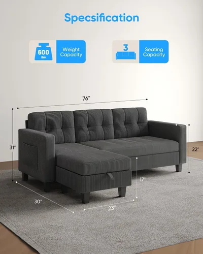 Vista 2 de Sofá en forma de L de 76 pulgadas, sofá modular convertible de pana con otomana de almacenamiento reversible, moderno sofá modular de 3 asientos