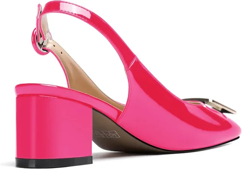 Vista 5 de WAYDERNS Zapatos de tacón bajo grueso de 2 pulgadas con hebilla rectangular de metal dorado para mujer, Oro