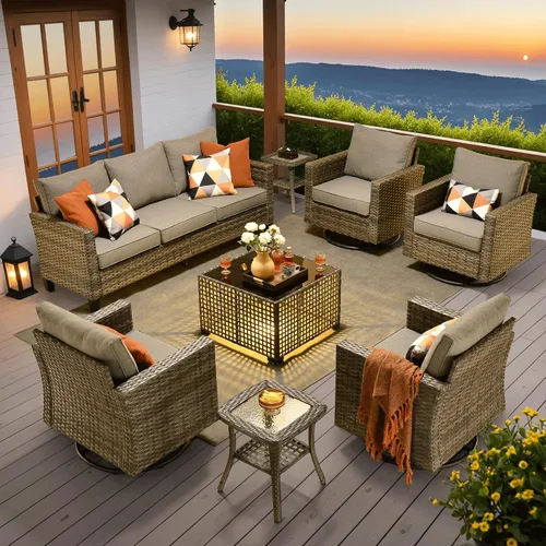 Vista 18 de ovios Juego de muebles de patio de 4 piezas con sofá de exterior, luces solares, mesa, cojines cómodos, sofá de conversación de mimbre de ratán