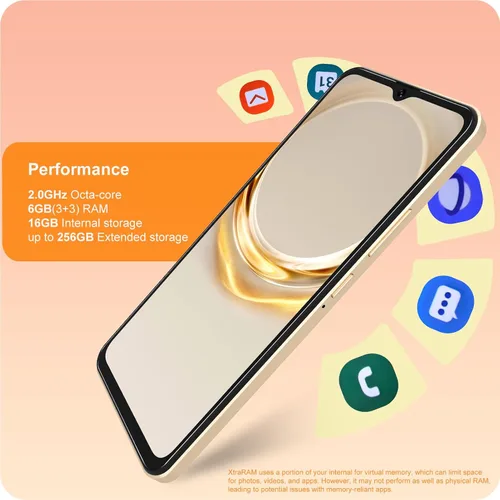 Vista 6 de A3 4G teléfonos Android desbloqueados 6.6” pantalla HD+ Android 12 teléfono inteligente Octa-Core 6(3+3)+16GB/256 TF Dual SIM teléfono celular Dorado