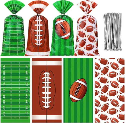 Vista 7 de Jetec 100 bolsas de celofán de fútbol americano marrón y verde, bolsas de regalo de fútbol con lazos para eventos de equipo deportivo, suministros
