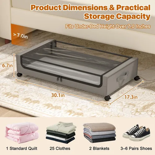 Vista 2 de Almacenamiento Debajo de la Cama con Ruedas, XXL 60L Contenedores de Almacenamiento Debajo de la Cama con Tapas Transparentes, Cajón Metálico