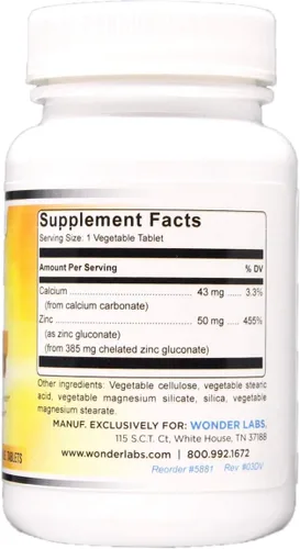Vista 3 de Wonder Laboratories Gluconato de zinc quelatado de 50 mg - Apoya la piel sana, el sistema inmunológico, el crecimiento celular y más - 100 tabletas