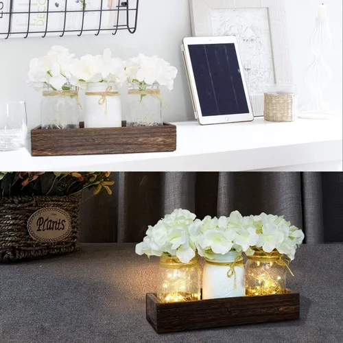 Vista 6 de Fowecelt Luces de tarro de masón, decoración de centro de mesa para comedor, sala de estar, cocina, decoración de mesa de madera, bandeja de madera