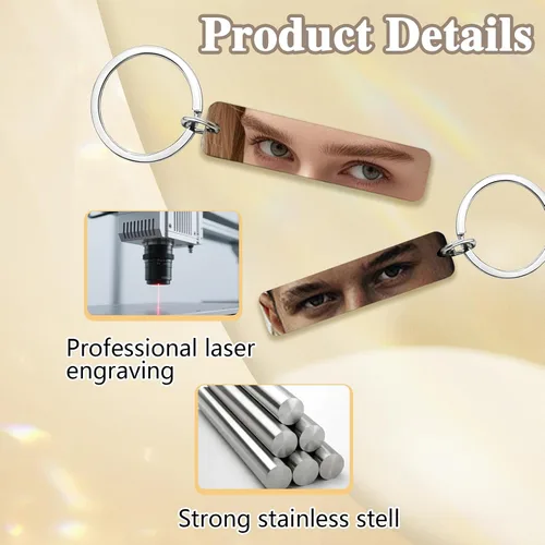 Vista 5 de Llaveros personalizados con foto de ojo, llaveros personalizados para ojos, texto grabado, regalo personalizado de acero inoxidable de doble cara