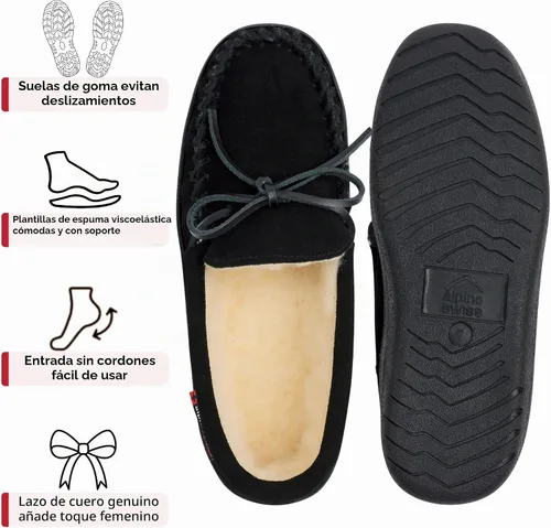 Vista 4 de Alpine Swiss Sabine - Pantuflas tipo mocasín para mujer, zapato de casa de gamuza auténtica, plantilla de espuma viscoelástica, piel de oveja Negro