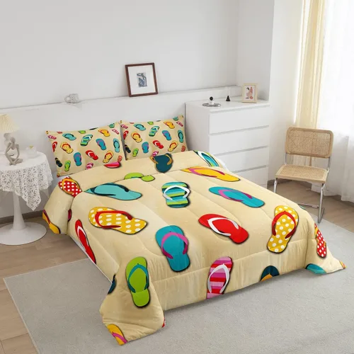 Vista 2 de Erosebridal Juego de ropa de cama con temática costera de playa, juego de edredón con patrón de chanclas, relleno de edredón de verano oceánico
