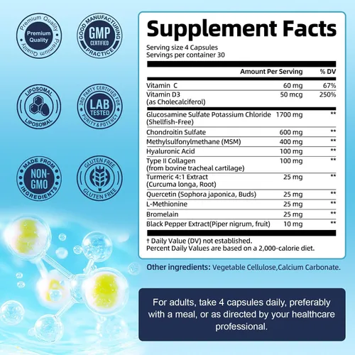 Vista 4 de Totaria Glucosamina liposomal condroitina MSM colágeno 3000 mg Suplemento de apoyo articular apoyo a la salud ósea flexibilidad y mantenimiento