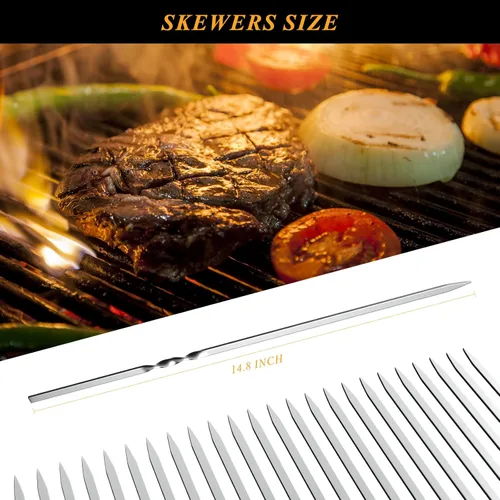 Vista 2 de Brochetas de metal para parrilla, paquete de 50 brochetas de 14.8 pulgadas, brochetas planas para barbacoa, juego de brochetas reutilizables
