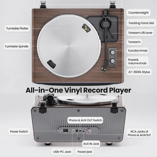 Vista 2 de Reproductor de discos de vinilo con altavoces, Bluetooth, AT-3600L, 33/45RPM, grabación de PC