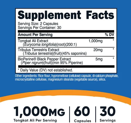 Vista 2 de Nutricost Tongkat Ali 500 mg, 60 cápsulas Tapas vegetarianas, sin OMG, sin gluten, extracto potente