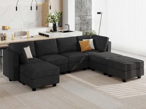 Vista 13 de Belffin Sofá en forma de U Sofá modular reversible de almacenamiento otomano Sofá de 6 plazas sofás grandes Sofá en forma de U Negro