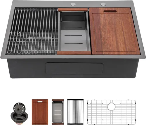 Vista 10 de Sarlai - Fregadero de cocina de cascada de 31 pulgadas, de montaje superior - 31x20 Fregadero de cocina con borde y estación de trabajo, de acero