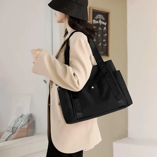 Vista 6 de Bolso de mano de hombro para mujer, impermeable, de nailon, con múltiples bolsillos, asa superior, bolsa de hombro para comprador