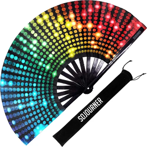Vista 27 de SoJourner Bags Rave Fan – Abanico plegable grande – Abanico de mano Clack para raves, Halloween, Burlesque, atuendos arcoíris para mujeres
