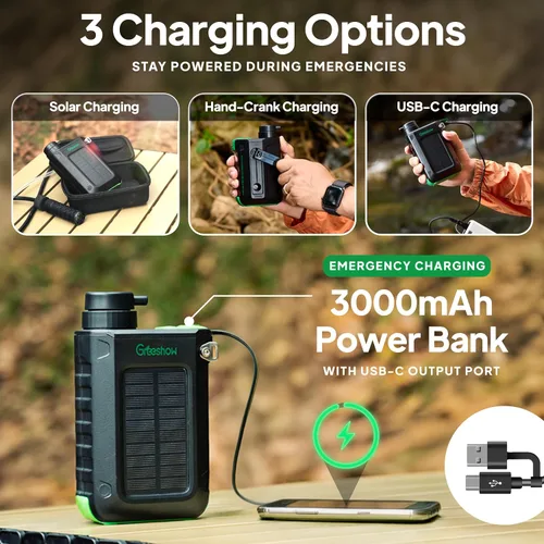 Vista 4 de Greeshow Filtro de Agua Eléctrico Portátil para Acampar - Alimentado por Energía Solar, Manivela Manual, Carga USB, Purificador de Agua