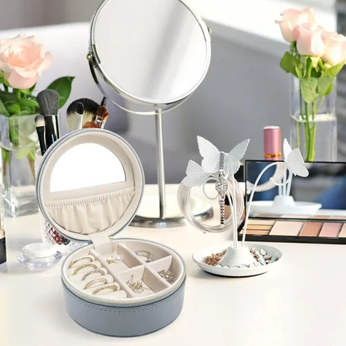 Vista 9 de KIQIONE Mini joyería organizador de almacenamiento de joyas de piel sintética con espejo con cremallera interior caja de joyería redonda pequeña