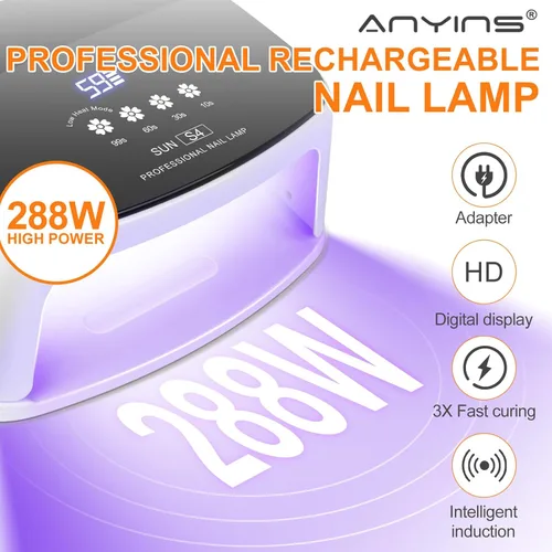 Vista 2 de Lámpara de uñas UV, 288 W, 8 horas, súper duradera, 15600 mAh, profesional, inalámbrica, lámpara LED UV para uñas, 66 cuentas de lámpara con sensor