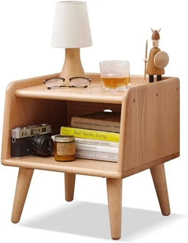 Vista 8 de Mesita de noche pequeña, mesa de noche 100% madera de roble macizo, mesita de noche moderna de mediados de siglo con almacenamiento abierto, armario