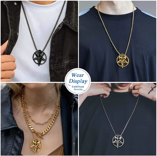 Vista 6 de FaithHeart Leviathan Satanic Brimstone Cross Necklace, Gold Plated Stainless Steel Satan Church Jewelry, Alchemical Symbol for Brimstone Pendant
