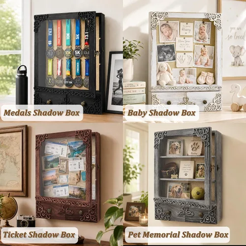 Vista 5 de Marco de caja de sombra de 11 x 16 con luz, vitrina conmemorativa con estantes, cajón y ranura para recuerdos, caja grande de sombra profunda