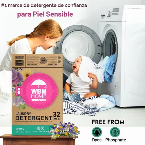 Vista 6 de WBM Cápsulas de detergente para ropa para el hogar, aroma de fragancia primaveral, 32 unidades, cápsulas de lavandería concentradas HE con 10 veces