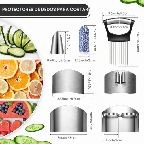 Vista 2 de CHENGU 9 Piezas Protector de Dedos para Cortar Vegetales, Protector de Acero Inoxidable, Cuchillo, Peladores de Pulgar, Soporte para Cebolla