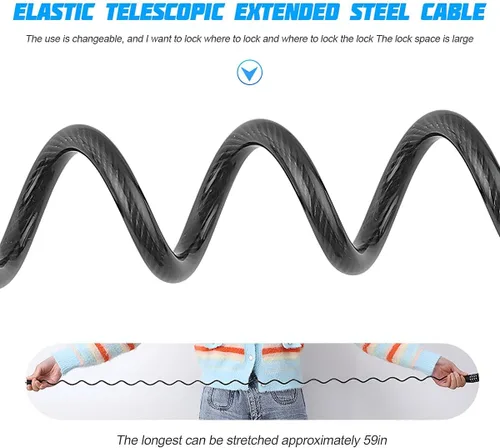 Vista 2 de HZEL Cerradura para casco de motocicleta, cerradura retráctil de cable de bicicleta pequeña con código de combinación de 4 dígitos, accesorios