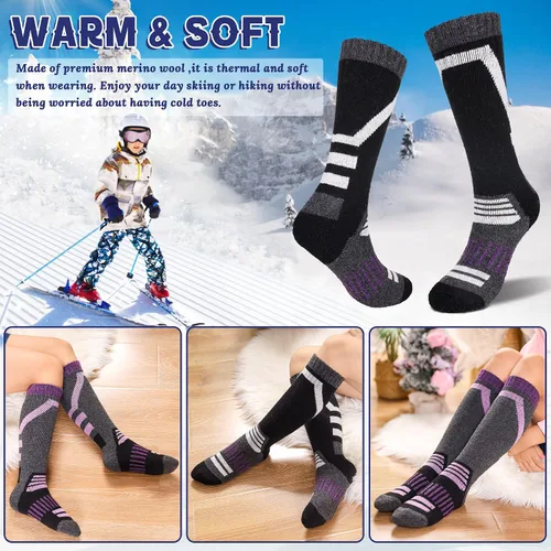 Vista 3 de Calcetines de esquí para niños, de lana merina, cálidos, térmicos, para senderismo, snowboard, hasta la rodilla, calcetines para botas para niños