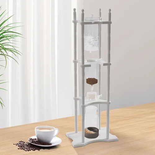 Vista 5 de Cafetera de goteo de hielo, 84.54 onzas, cafetera retro para el hogar, con recipiente de vidrio vertical japonés y soporte de madera, cafetera
