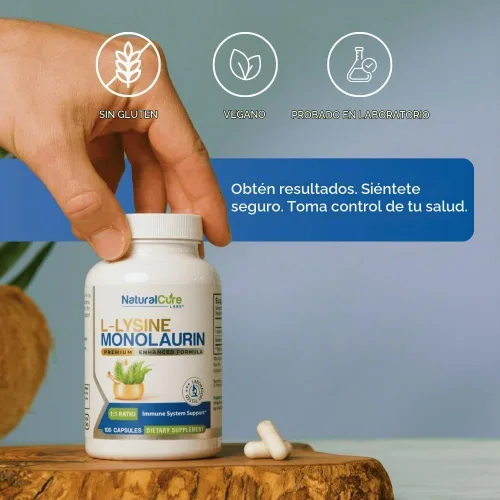 Vista 3 de Natural Cure Labs L-Lisina + Monolaurina 600mg Proporción 1:1, 100 Cápsulas