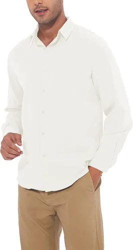 Vista 6 de Camisa casual de lino con botones para hombre manga larga ajuste regular camisa de playa con bolsillo