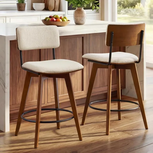 Vista 10 de ONEVOG Juego de 2 taburetes de bar giratorios de madera de 26 pulgadas de altura de mostrador, modernas sillas altas tapizadas para isla de cocina