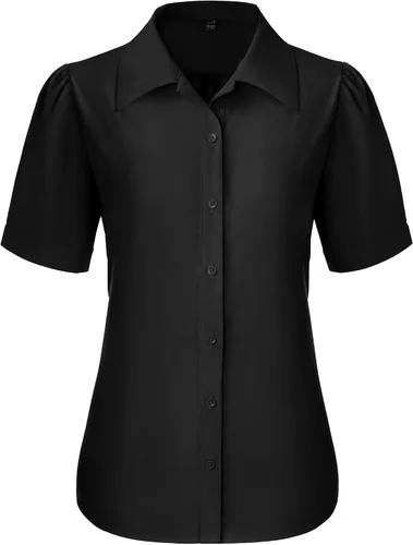 Vista 27 de Gleeivy Camisas de botones para mujer de manga corta abombada, camisas de vestir abotonadas con cuello ajustado, blusa superior de trabajo