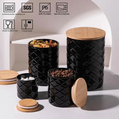 Vista 4 de Sweejar Juego de recipientes de cerámica para encimera de cocina, tarro de almacenamiento de alimentos en relieve con tapa de bambú, recipiente