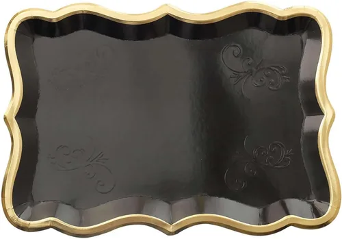 Vista 7 de Efavormart - Paquete de 10 bandejas rectangulares negras de 14 x 10 pulgadas con borde dorado, bandejas de papel resistentes de 400 GSM para bodas