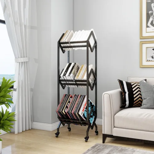 Vista 4 de VENNQD Estantería de metal industrial para libros, soporte de 3 niveles con ruedas, diseño moderno y elegante, revistas, archivos, álbum de recetas